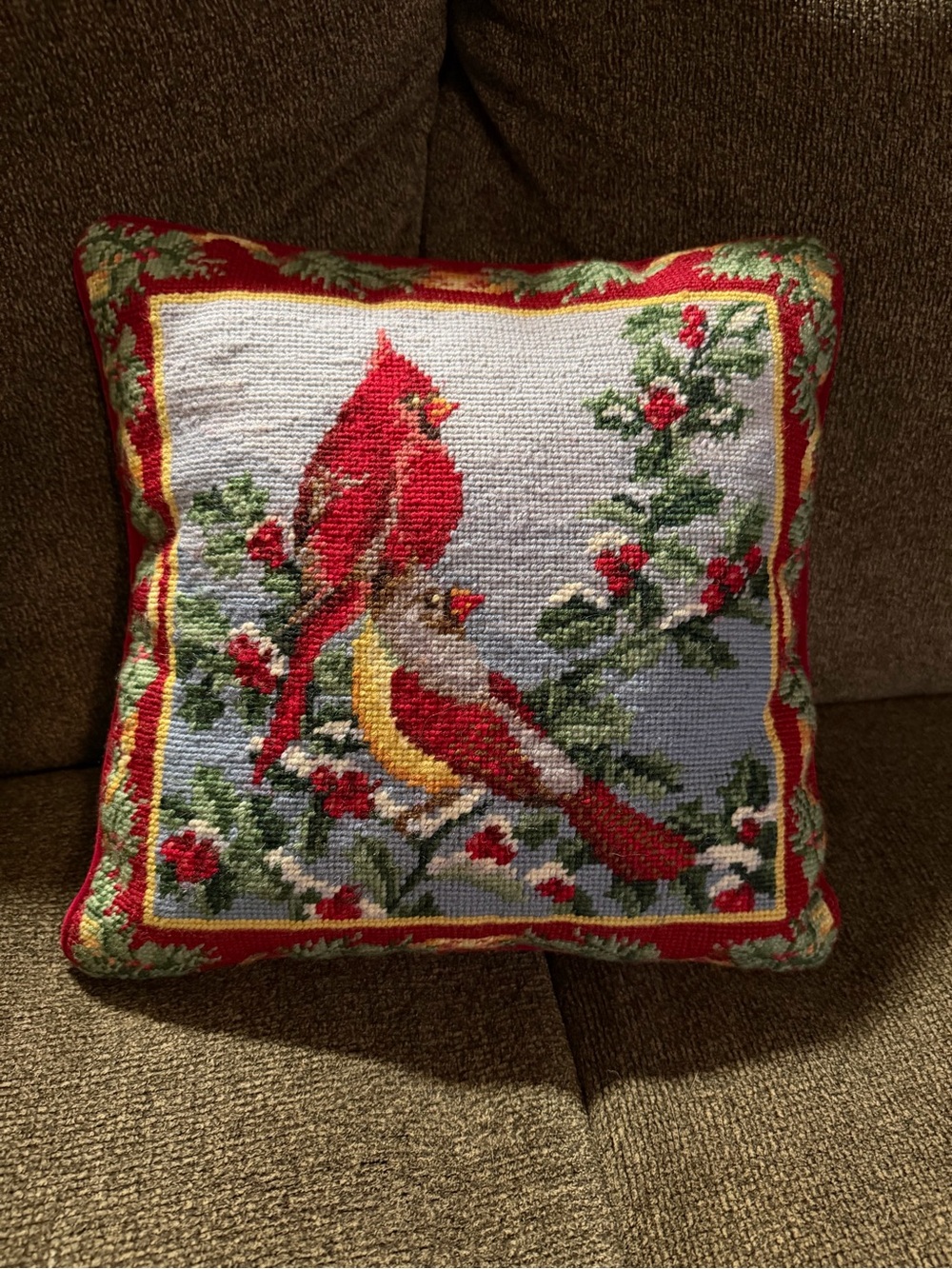 Cardinal Needlepoint Accent Pillow - Red and Green